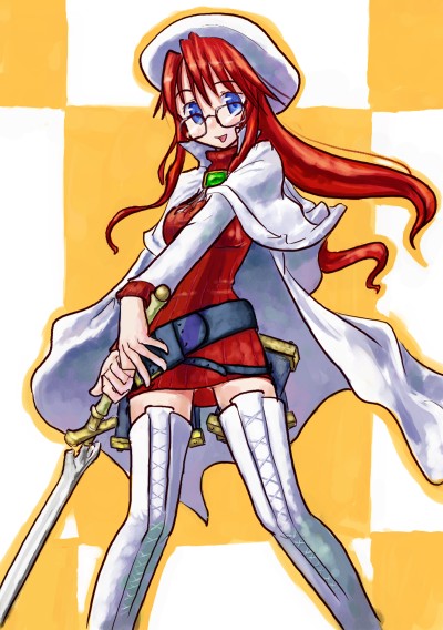 daizan (mount position), aty, aty (summon night), summon night, summon night 3, 1girl, belt, belt skirt, boots, female focus, glasses, holding, holding sword, holding weapon, miniskirt, skirt, solo, sword, thigh boots, thighhighs, weapon, white boots