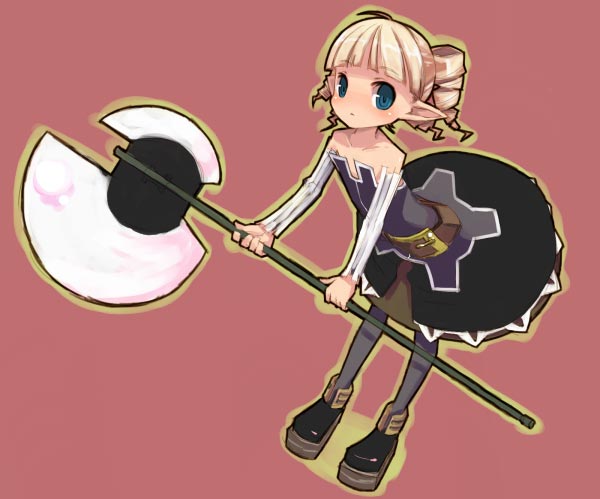mota, archer (disgaea), disgaea, nippon ichi, 1girl, axe, bare shoulders, blonde hair, blue eyes, demon girl, drill hair, female focus, looking at viewer, pink background, pointy ears, solo, twin drills, weapon