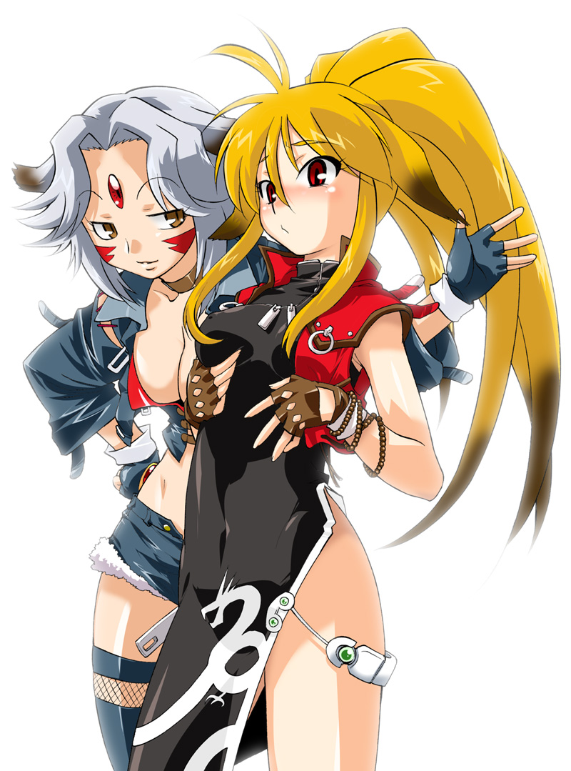 takase hironori, saya (namco x capcom), xiaomu, banpresto, capcom, namco, namco x capcom, super robot wars, super robot wars og saga mugen no frontier, silver hair, 2girls, animal ears, antenna hair, blonde hair, blush, breasts, brown eyes, china dress, chinese clothes, choker, cleavage, covered erect nipples, denim, denim shorts, dog ears, dress, facial mark, fingerless gloves, forehead jewel, forehead mark, gloves, grabbing another's breast, grabbing own breast, groping, long hair, medium breasts, midriff, multiple girls, ponytail, red eyes, short hair, short shorts, shorts, simple background, smile, thighhighs, vest, zipper