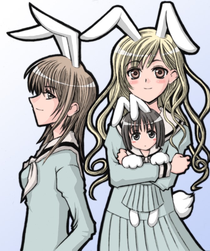 chaccu, nijou noriko, satou sei, toudou shimako, maria-sama ga miteru, 00s, 3girls, animal ears, black eyes, blonde hair, blush, brown eyes, brown hair, dress, long hair, mini person, minigirl, multiple girls, pleated skirt, rabbit ears, rabbit tail, school uniform, serafuku, skirt, tail