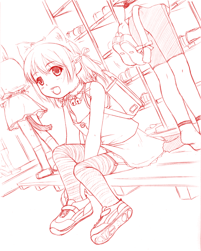 ujiie moku, copyright request, 1girl, animal ears, cat ears, collar, flat chest, getabako, loli, monochrome, nipple slip, nipples, red theme, shoe lockers, solo focus, striped clothes, striped thighhighs, thighhighs
