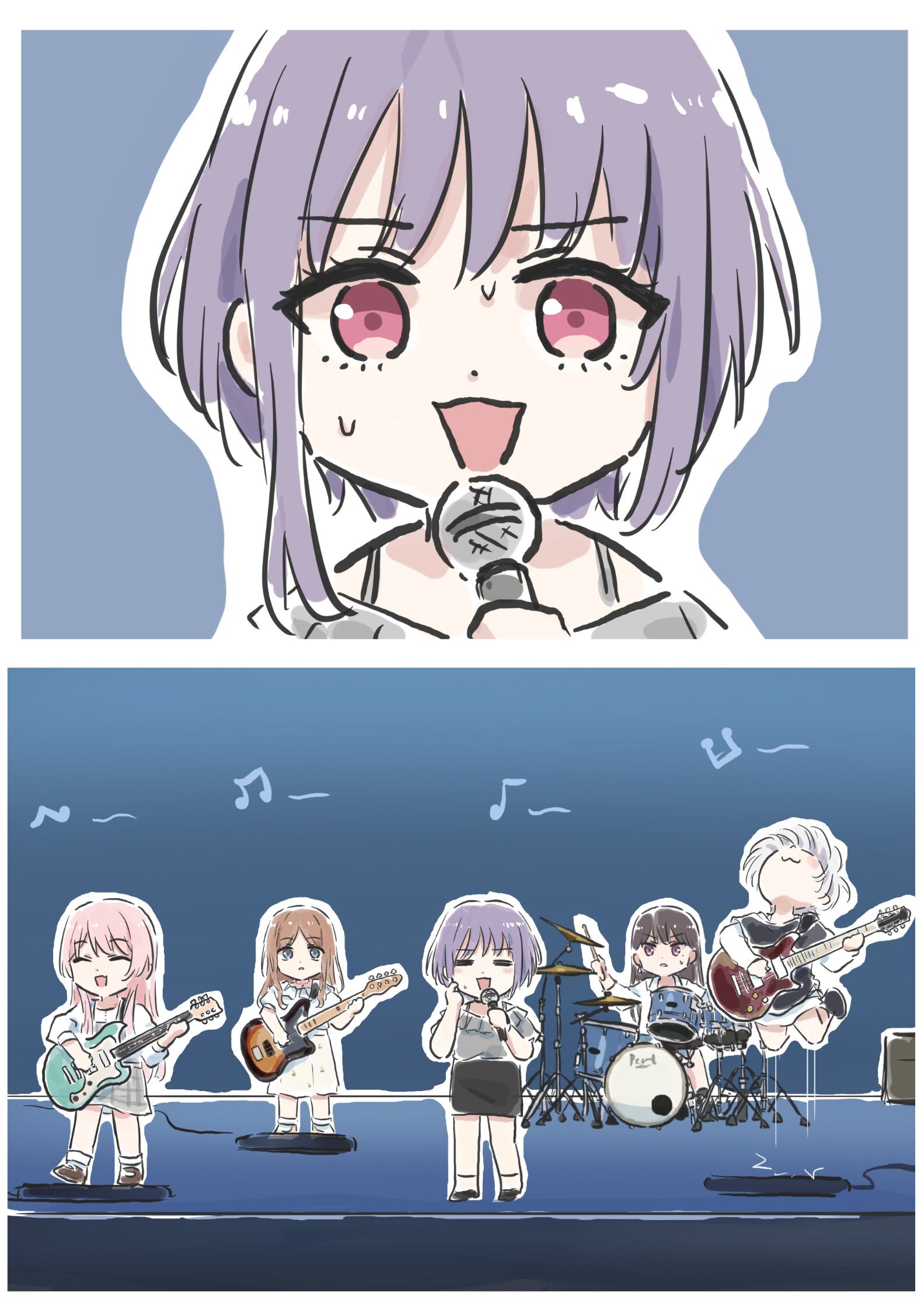 lyy, chihaya anon, kaname raana, nagasaki soyo, shiina taki, yuutenji nyamu, bang dream!, bang dream! it's mygo!!!!!, commentary, highres, symbol-only commentary, 5girls, :3, bass guitar, black shirt, black skirt, brown hair, dress, drum, drum set, electric guitar, grey dress, grey shirt, guitar, instrument, jumping, long hair, multiple girls, mygo!!!!! (bang dream!), open mouth, pinafore dress, pink eyes, pink hair, purple hair, shirt, short hair, skirt, sleeveless, sleeveless dress, sweatdrop, white hair