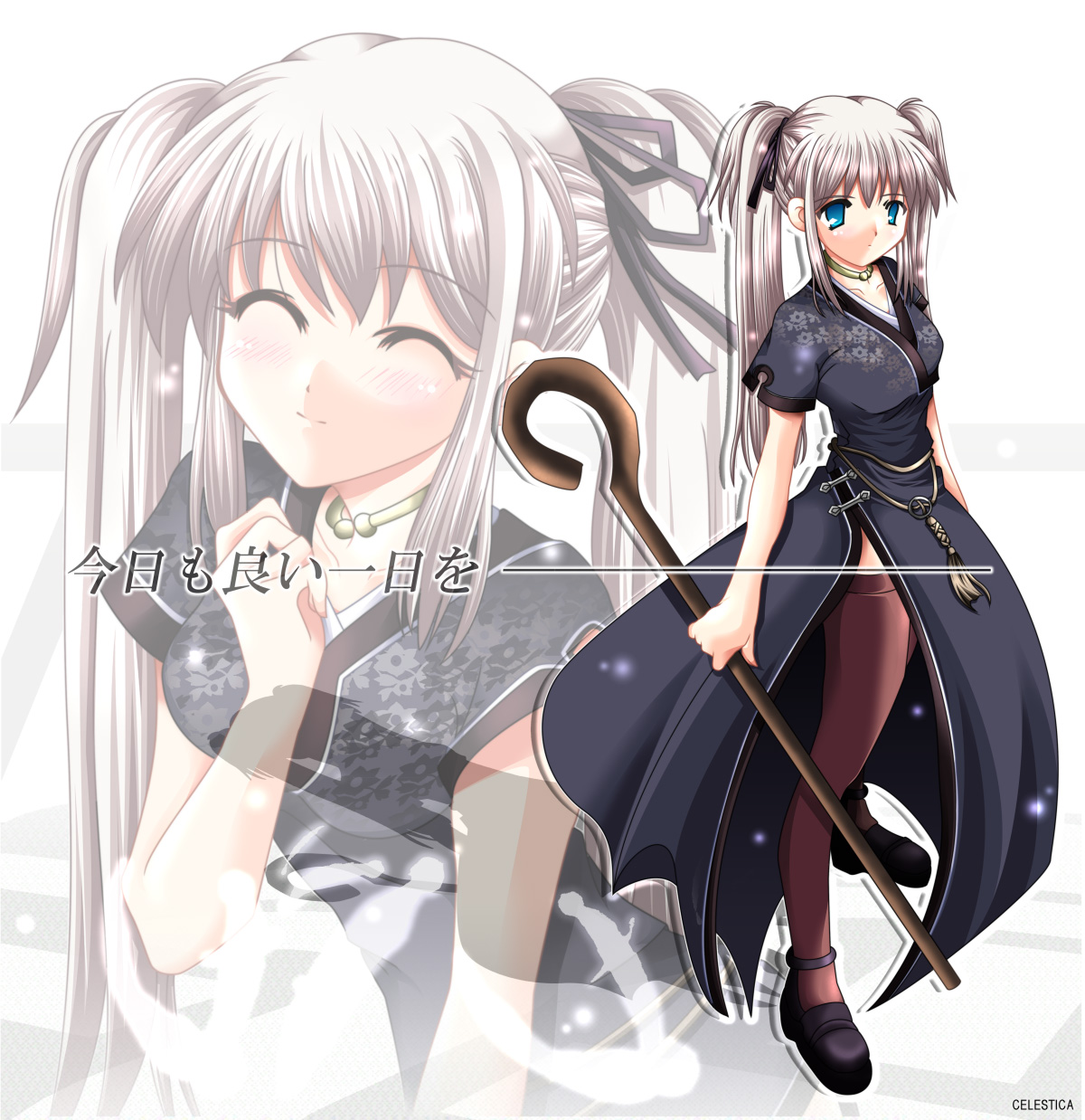 kohakugin, nao (mabinogi), mabinogi, highres, 1girl, ^ ^, black dress, blue eyes, brown thighhighs, china dress, chinese clothes, choker, closed eyes, dress, hair ribbon, hand on own chest, multiple views, ribbon, short sleeves, staff, standing, text focus, thighhighs, twintails, un zoom layer, white hair, zoom layer