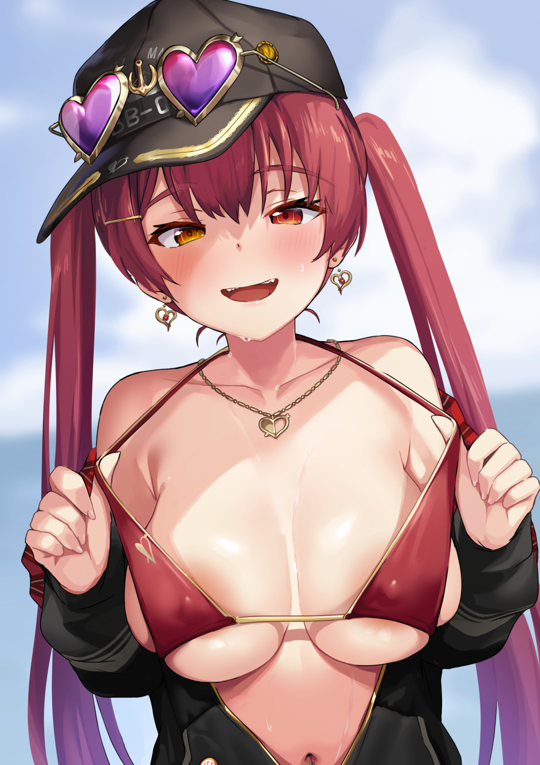 arou (arrow x666), houshou marine, houshou marine (summer), hololive, highres, 1girl, :d, areola slip, baseball cap, black hat, black jacket, blue sky, breasts, cloud, covered erect nipples, earrings, eyewear on headwear, hat, heart, heart earrings, heart necklace, heterochromia, jacket, jewelry, large breasts, navel, necklace, official alternate costume, open mouth, orange eyes, red eyes, red hair, skindentation, sky, smile, solo, twintails, virtual youtuber