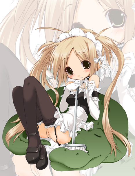 pochi (kore ga watashi no goshujin-sama), sawatari mitsuki, kore ga watashi no goshujin-sama, 00s, 1girl, apron, bare shoulders, black thighhighs, blonde hair, bonnet, breasts, broom, closed eyes, crocodile, crocodilian, detached collar, dot nose, elbow gloves, facing viewer, female focus, full body, garter belt, garter straps, gloves, knees up, long hair, looking at viewer, maid, maid headdress, mop, nakabayashi yoshitaka's maid uniform, no panties, pussy, sleeping, small breasts, solo, thighhighs, twintails, uncensored, waist apron, zoom layer
