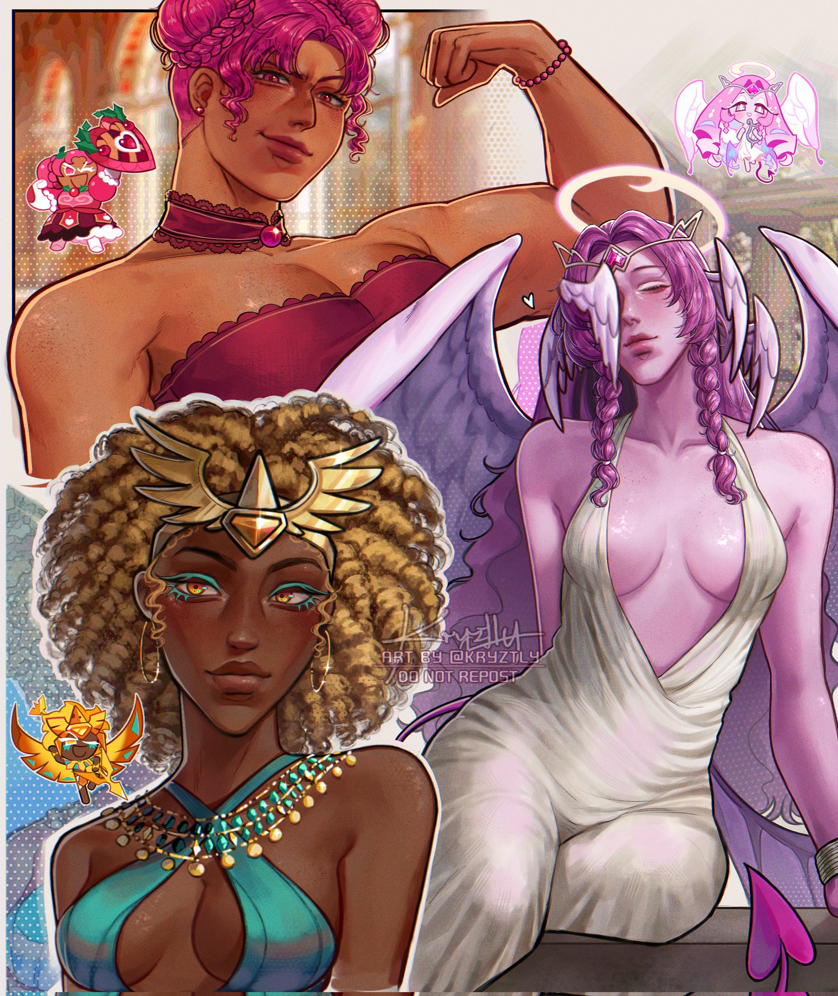 eternal sugar cookie, golden cheese cookie, hollyberry cookie, cookie run, cookie run: kingdom, commentary, english commentary, highres, 3girls, angel wings, artist name, bare shoulders, bead bracelet, beads, blonde hair, blue dress, blue eyeshadow, blurry, blurry background, border, bracelet, breasts, choker, circlet, clenched hand, closed eyes, closed mouth, collarbone, colored eyelashes, colored skin, dark-skinned female, dark skin, demon wings, double bun, dress, earrings, eyelashes, eyeliner, eyeshadow, feathered wings, gem, gold bracelet, gold necklace, green gemstone, hair bun, halo, hand up, head wings, heart-shaped gem, holding, holding sword, holding weapon, hoop earrings, humanization, jewelry, kryztly, lips, long hair, looking at viewer, makeup, medium breasts, multiple girls, muscular, muscular female, necklace, open mouth, orange eyes, orange gemstone, outside border, pendant, pink gemstone, pink skin, polka dot, polka dot background, purple choker, purple dress, purple hair, red eyeliner, red eyes, short hair, sidelocks, signature, sitting, sleeveless, sleeveless dress, smile, sparkle, strapless, strapless dress, sword, twintails, upper body, v-shaped eyebrows, watermark, wavy hair, weapon, white border, white dress, window, wings, yellow halo, zoom layer