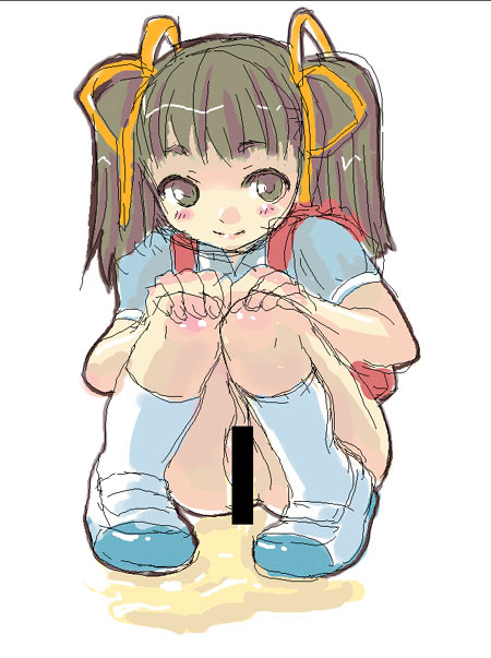 original, artist request, 1girl, backpack, bag, bar censor, blue shirt, blush, brown eyes, brown hair, censored, female focus, hair ribbon, hands on own knees, loli, long hair, looking at viewer, no panties, pee, peeing, puddle, pussy, randoseru, ribbon, shirt, shoes, short sleeves, smile, socks, solo, squatting, twintails, uwabaki, white background, white shoes, white socks