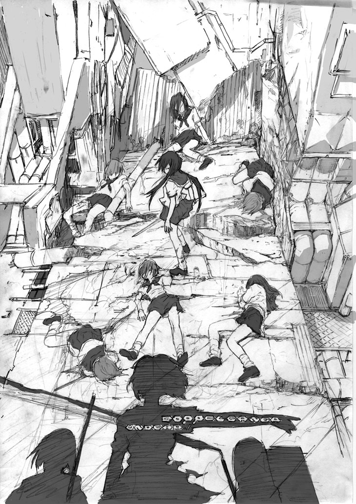 you kodama, 6+girls, greyscale, lying, monochrome, multiple girls, pleated skirt, school uniform, serafuku, skirt, sword, unconscious, weapon