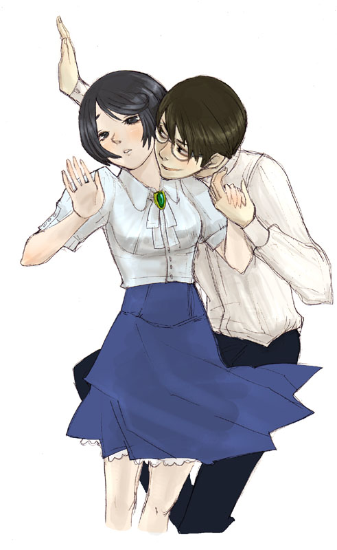 original, 1boy, 1girl, black eyes, black hair, blouse, blue skirt, blush, brooch, brown hair, cheek-to-cheek, couple, gem, glasses, hands up, heads together, hetero, holding hands, jewelry, shirt, short hair, skirt, white shirt