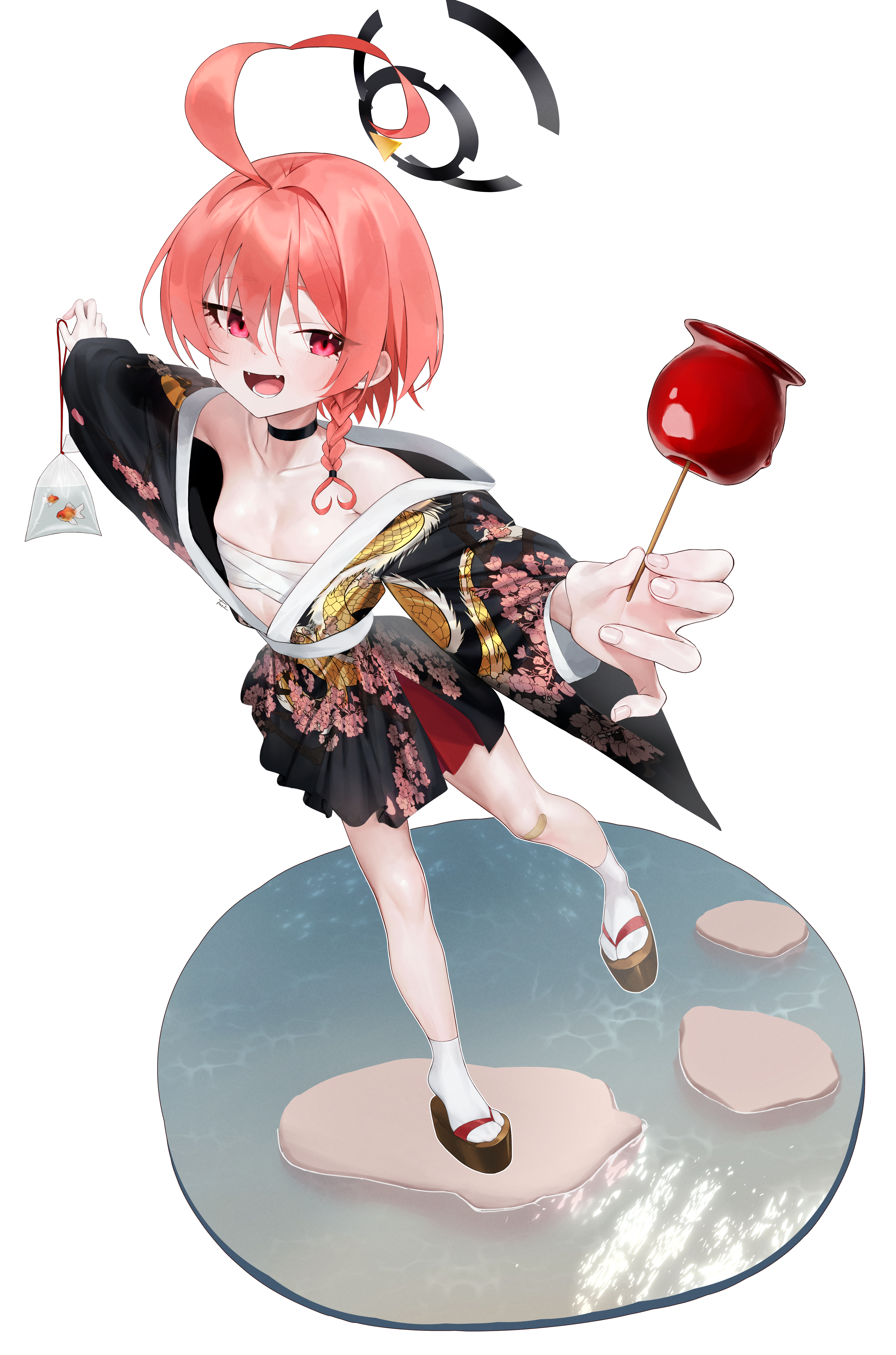 not forever2w, neru (blue archive), blue archive, absurdres, highres, 1girl, ahoge, bare shoulders, black halo, black kimono, black skirt, blush, braid, breasts, candy apple, chest sarashi, cleavage, fangs, flat chest, floral print, floral print kimono, food, hair between eyes, halo, holding, holding candy apple, holding food, huge ahoge, japanese clothes, kimono, open mouth, platform sandals, pleated skirt, print kimono, red eyes, red hair, sandals, sarashi, short hair, sidelocks, single braid, skirt, socks, solo, white socks