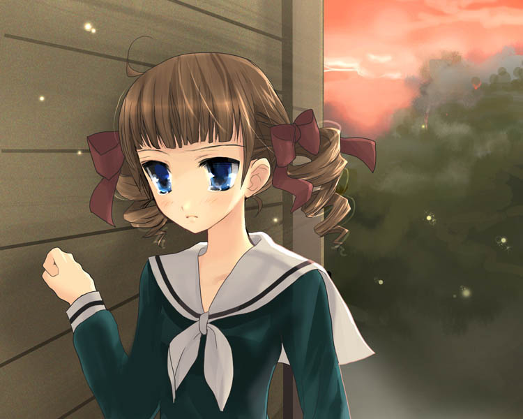 chimaro, matsudaira touko, maria-sama ga miteru, 00s, 1girl, ahoge, blue eyes, bow, brown hair, clenched hand, drill hair, female focus, hair bow, hand up, school uniform, serafuku, solo, sunset, tears, twintails