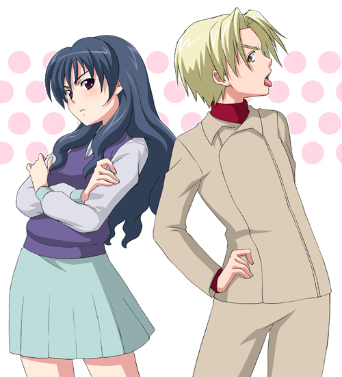 howard (mujin wakusei survive), menori, menori visconti, mujin wakusei survive, 00s, 1boy, 1girl, back-to-back, black hair, blonde hair, crossed arms, hand on own hip, long hair, looking at viewer, pleated skirt, profile, purple sweater vest, serious, short hair, skirt, standing, sweater vest, tongue, tongue out, very long hair
