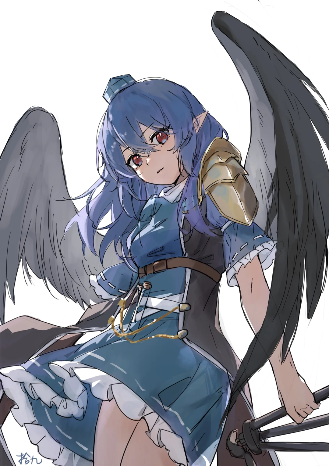 shijiu (shizuoxing), iizunamaru megumu, touhou, highres, 1girl, black wings, blue dress, blue hair, blue hat, cowboy shot, dress, feathered wings, hair between eyes, hat, holding, holding tripod, long hair, looking at viewer, pointy ears, red eyes, short sleeves, signature, simple background, solo, test tube, tokin hat, tripod, white background, wings
