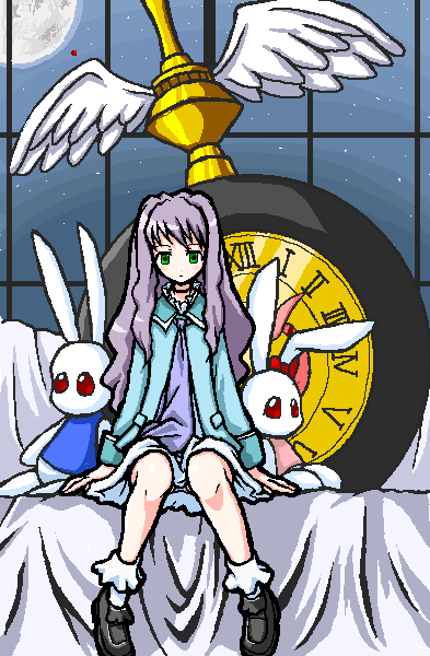 kazahana mashiro, my-hime, light purple hair, 00s, 1girl, arm support, clock, female focus, green eyes, moon, oekaki, rabbit, roman numeral, sitting, sky, solo, star (sky), starry sky, window