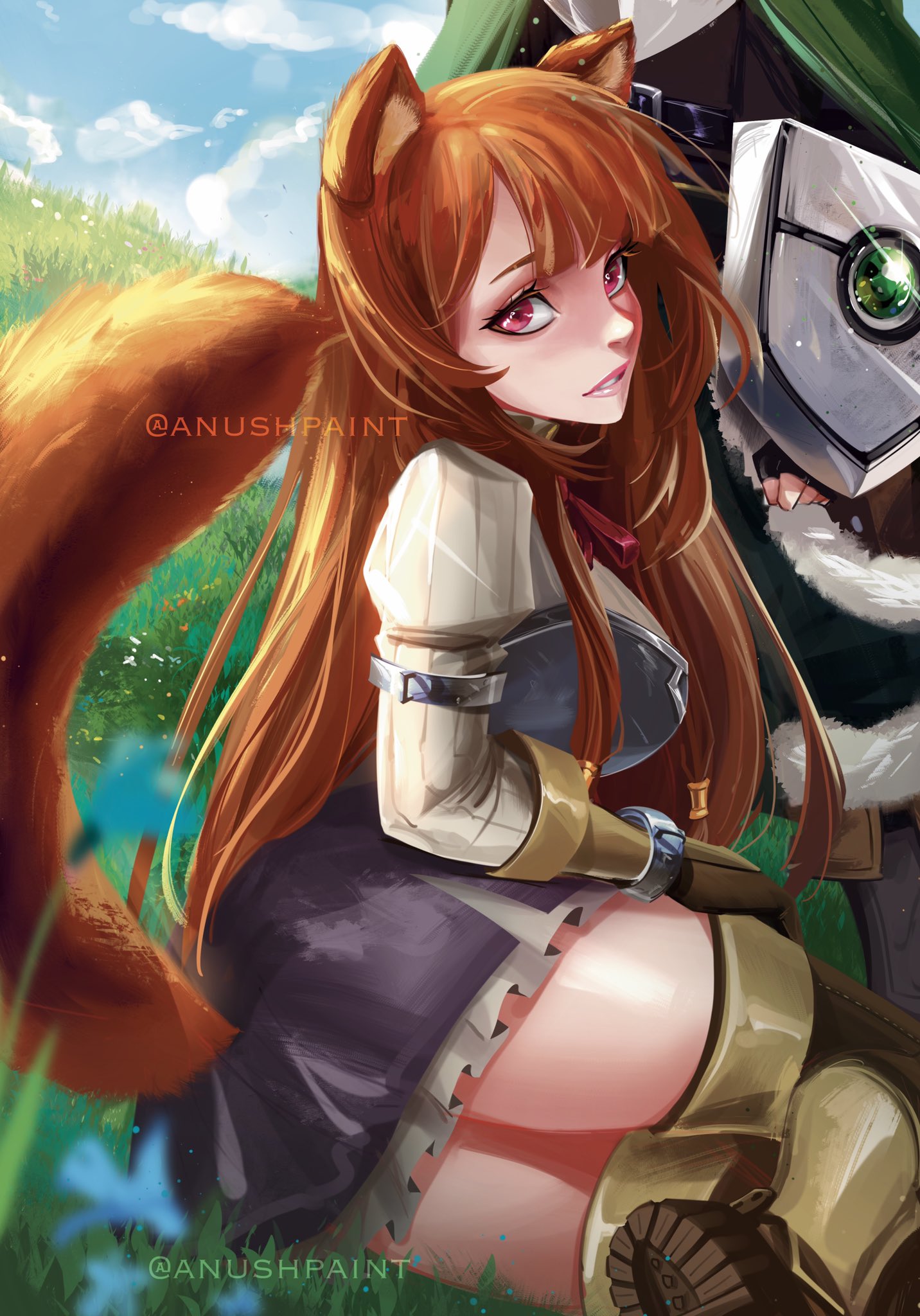 iwatani naofumi, raphtalia, tate no yuusha no nariagari, commentary, english commentary, highres, 1boy, 1girl, animal ear fluff, animal ears, anushpaint, arm shield, armor, armored boots, artist name, ass, belt, black belt, black boots, black dress, black gloves, black shirt, blue flower, blue sky, blunt bangs, boots, breastplate, breasts, brown boots, brown gloves, brown hair, brown shirt, cloak, cloud, cloudy sky, collared dress, day, dress, elbow gloves, eyelashes, fingerless gloves, flower, full body, fur-trimmed armor, fur-trimmed boots, fur trim, glint, gloves, green cloak, green pants, high collar, large breasts, layered dress, lips, long hair, long sleeves, lying, metal arm cuffs, metal hair tubes, metal wrist cuffs, neck ribbon, nose, on grass, on side, outdoors, pants, parted lips, pink eyes, pinstripe dress, pinstripe pattern, raccoon ears, raccoon girl, raccoon tail, red ribbon, ribbon, shirt, short dress, signature, sitting, sky, sleeveless, sleeveless dress, solo focus, standing, straight hair, tail, tassets, thigh boots, thighhighs, thighs, twitter username, white dress, zettai ryouiki