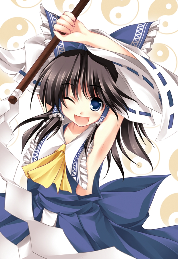 tateha (marvelous grace), hakurei reimu, touhou, eyebrows, 1girl, alternate color, arm up, armpits, arms up, ascot, black hair, blue bow, blue eyes, blue ribbon, bow, collar, detached sleeves, eyes visible through hair, female focus, frilled bow, frilled hair tubes, frilled shirt collar, frills, gohei, hair bow, hair tubes, japanese clothes, looking at viewer, miko, one eye closed, open mouth, player 2, ribbon, ribbon-trimmed sleeves, ribbon trim, sash, solo, white collar, white sleeves, yellow ascot, yin yang