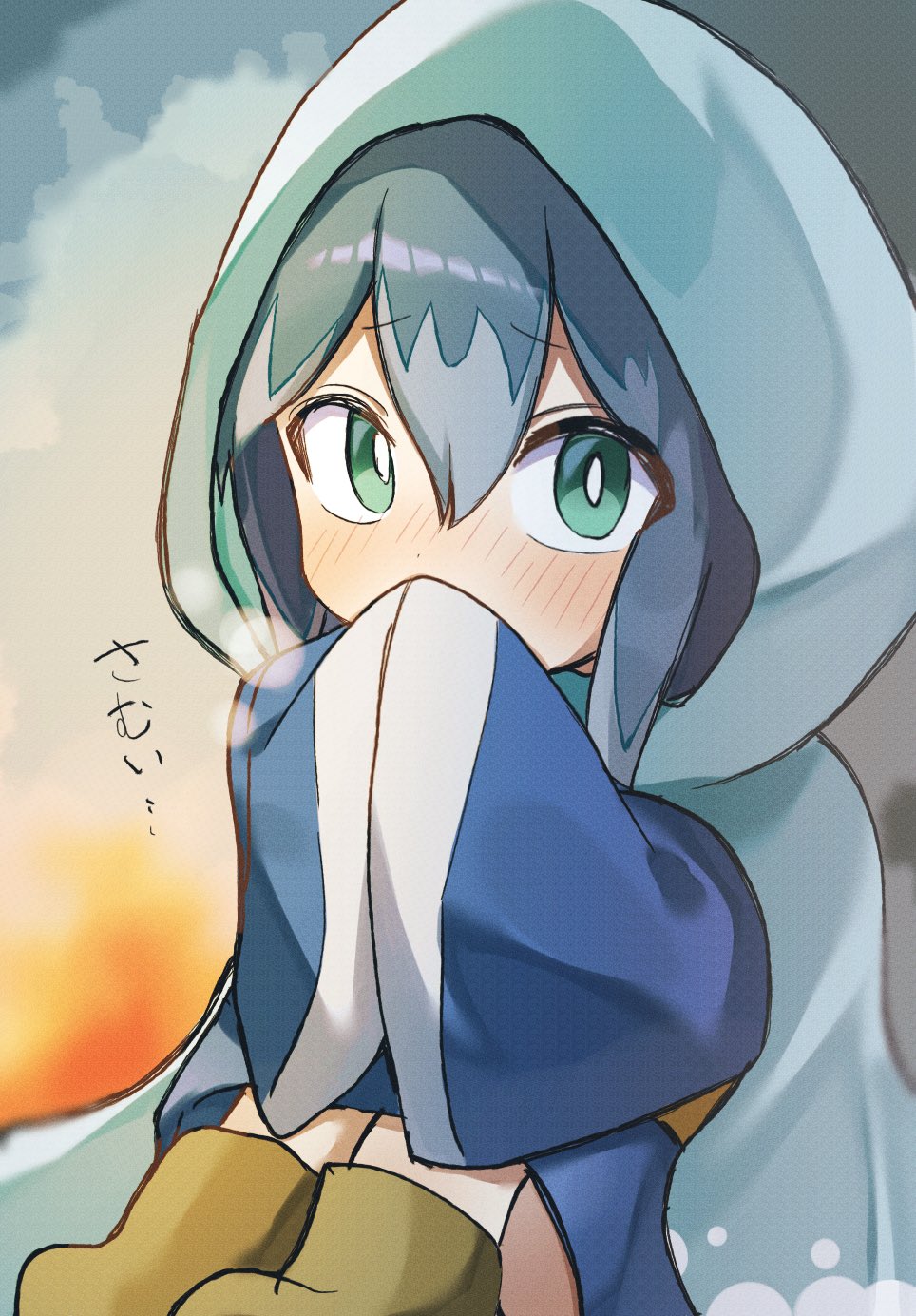 yukionna (youkai watch), youkai watch, highres, 1girl, blue cloak, blue eyes, blue hair, blush, boots, bright pupils, brown boots, cloak, hood, hooded cloak, sitting, solo, unnchi haha, white pupils, youkai (youkai watch)