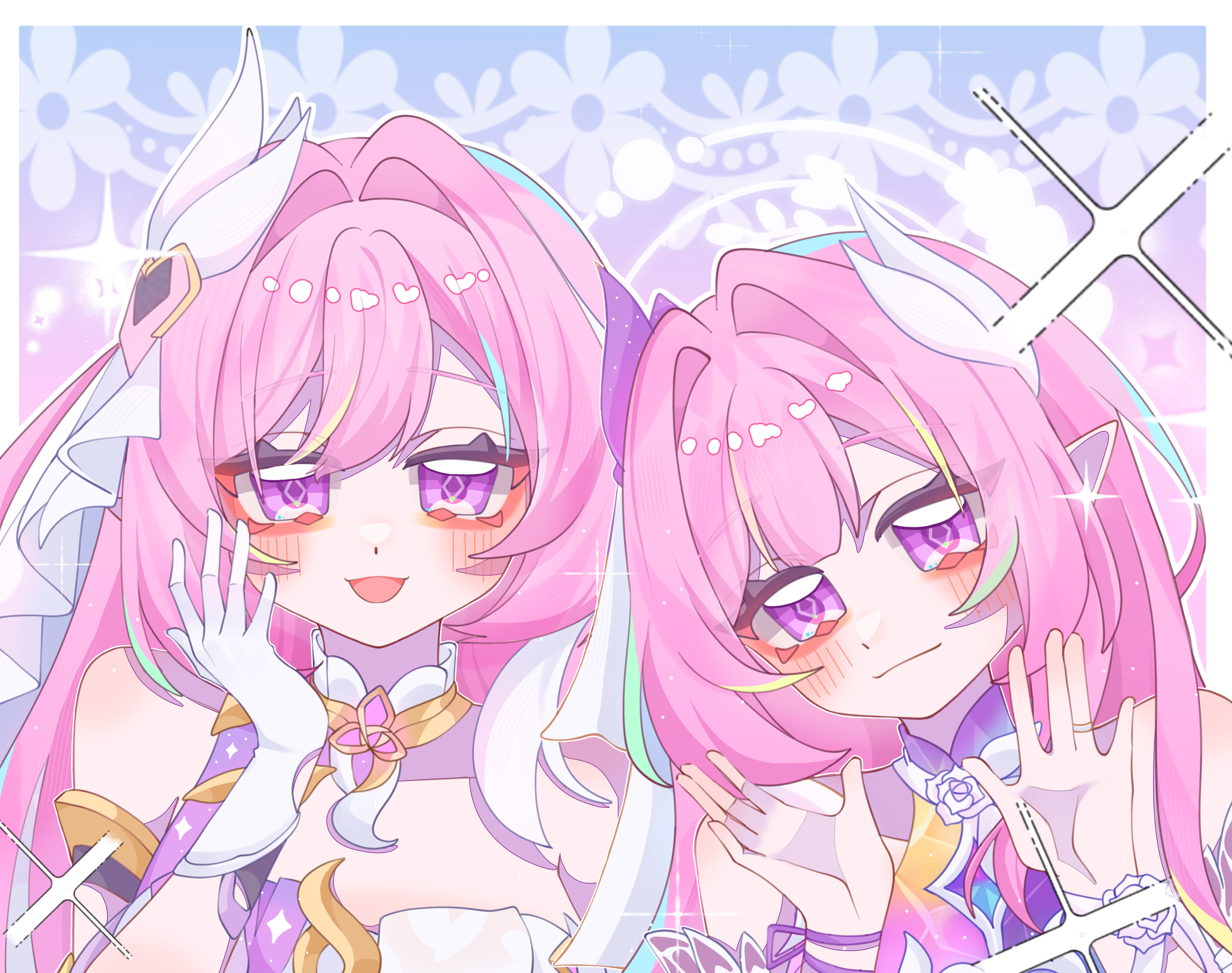 catlenxingxing, cyrene (honkai: star rail), elysia (herrscher of human: ego) (honkai impact), elysia (honkai impact), inoue marina, honkai: star rail, honkai (series), honkai impact 3rd, absurdres, chinese commentary, commentary request, highres, 2girls, bare shoulders, breasts, color connection, company connection, diamond-shaped pupils, diamond (shape), elf, gloves, hair color connection, hair intakes, hair ornament, halo, jewelry, large breasts, long hair, looking at viewer, multiple girls, pink hair, pointy ears, purple eyes, ring, smile, symbol-shaped pupils, triquetra, upper body, veil, very long hair, voice actor connection, wedding ring, white gloves, white veil, yanning