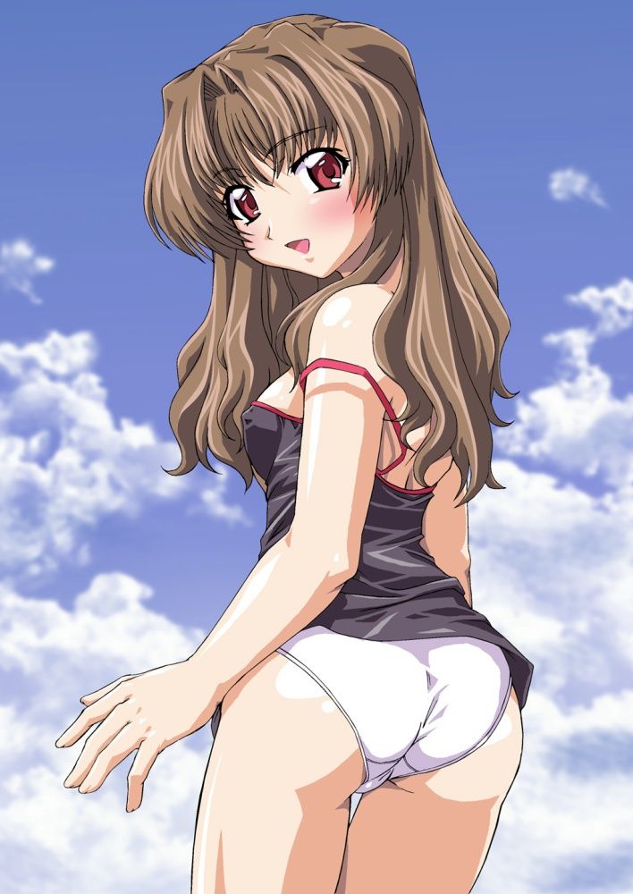 misoya, morino ichigo, onegai teacher, ass, back, blush, breasts, brown eyes, brown hair, camisole, from behind, long hair, looking back, no pants, panties, pantyshot, red eyes, sideboob, sky, standing, strap slip, thigh gap, thighs, underwear, wedgie, white panties