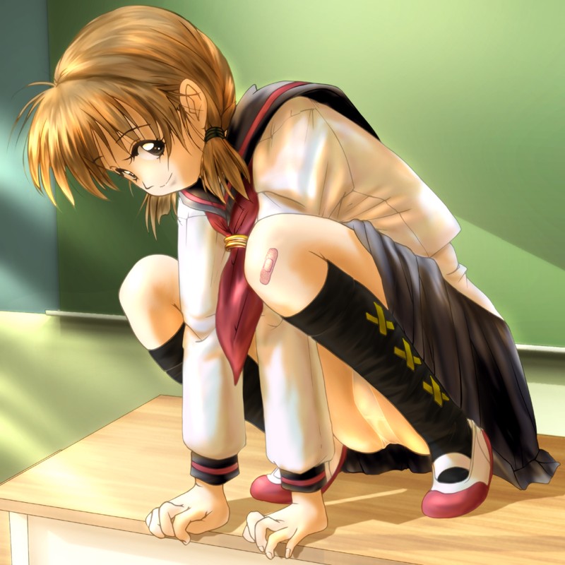 original, 1girl, bandaid, bandaid on knee, bandaid on leg, black eyes, black socks, brown hair, chalkboard, classroom, desk, female focus, full body, indoors, kneehighs, looking at viewer, low twintails, miniskirt, on desk, panties, pantyshot, pleated skirt, school, school desk, school uniform, serafuku, shoes, short twintails, sitting, skirt, smile, socks, solo, squatting, twintails, underwear, uwabaki, white panties