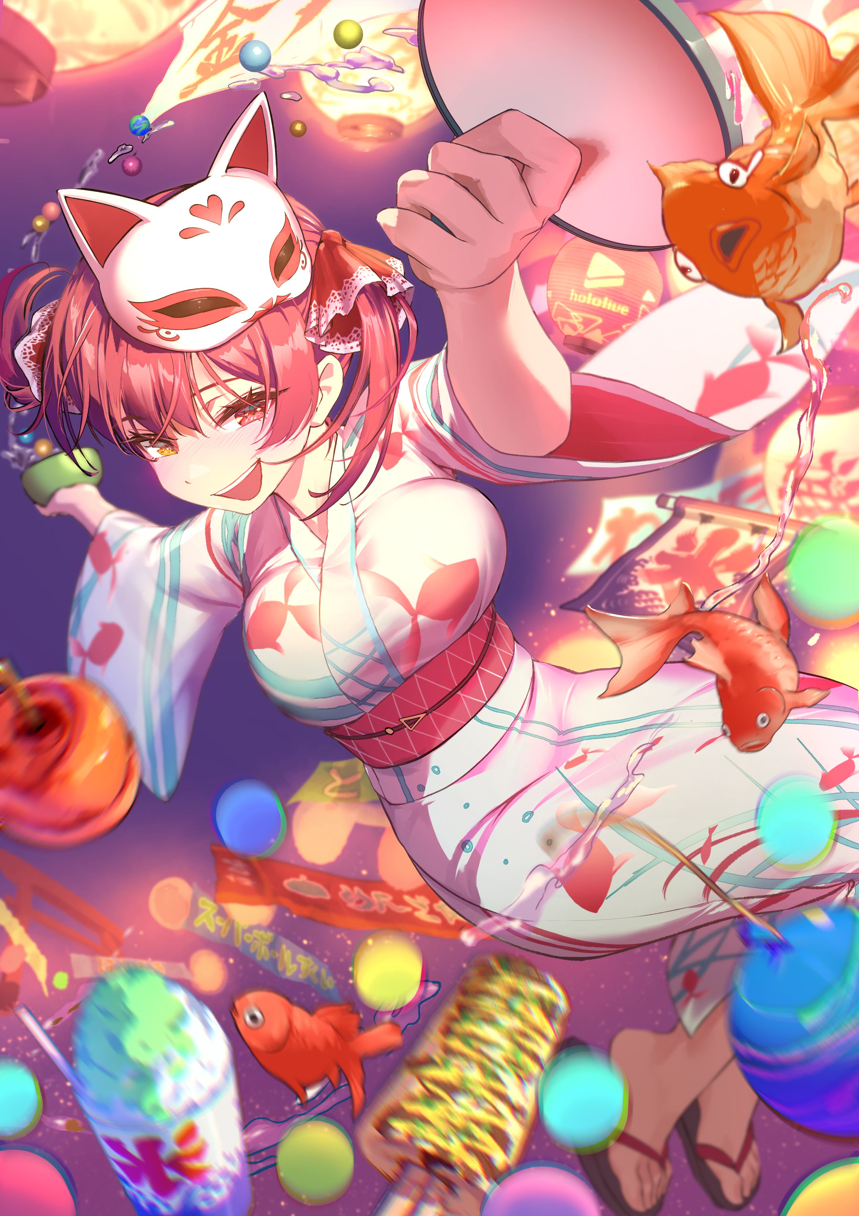 houshou marine, hololive, absurdres, food request, highres, 1girl, alternate costume, black sandals, candy apple, daizou (daizuuuu), food, fox mask, hair ribbon, japanese clothes, kimono, koi, long hair, looking at viewer, mask, mask on head, open mouth, red eyes, red hair, red ribbon, red sash, ribbon, sandals, sash, shaved ice, smile, solo, teeth, twintails, upper teeth only, virtual youtuber, white kimono, yukata