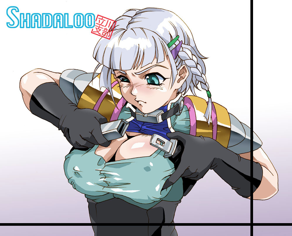 balrog (shadaloo tachikawa shibu), shadaloo, seolla schweizer, banpresto, namco, super robot wars, super robot wars original generation, pilot suit, silver hair, 1girl, aqua eyes, armor, belt, belt bra, black gloves, blunt bangs, blush, body blush, braid, breast poke, breast suppress, breasts, buckle, bursting breasts, cleavage, cleavage cutout, clothing cutout, covered erect nipples, dressing, female focus, frown, gloves, gradient background, grey background, hair ornament, hairclip, inconvenient breasts, large breasts, looking down, nose blush, one eye closed, pauldrons, poking, shirt, short hair, shoulder armor, side braid, solo, taut clothes, taut shirt, turtleneck, uneven eyes, upper body, wardrobe malfunction, wince, wink