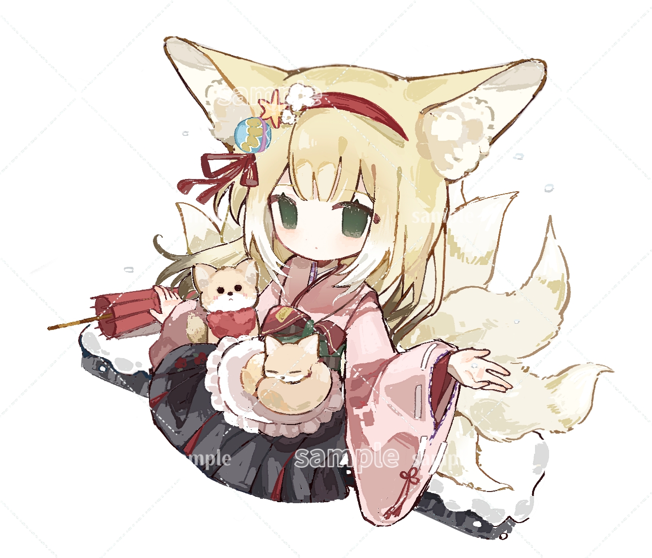 suzuran (arknights), suzuran (yukibare) (arknights), arknights, chinese commentary, commentary request, 1girl, animal ears, apron, black hakama, blonde hair, fox, fox ears, fox girl, fox tail, frilled apron, frills, green eyes, hair ornament, hairband, hakama, japanese clothes, kimono, kyou u, long sleeves, multiple tails, official alternate costume, pink kimono, red hairband, red umbrella, skirt, solo, tail, umbrella, waist apron, white apron, wide sleeves