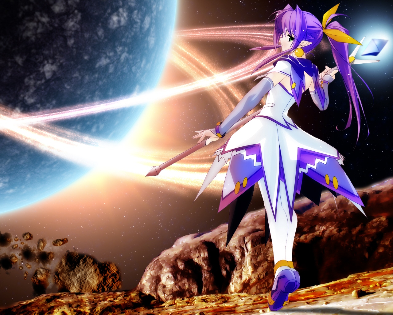 rokuwata tomoe, angelan, original, virtual on, corrupted metadata, 1girl, elf, female focus, from behind, looking back, planet, pointy ears, ponytail, purple hair, solo, space, staff, tiptoes