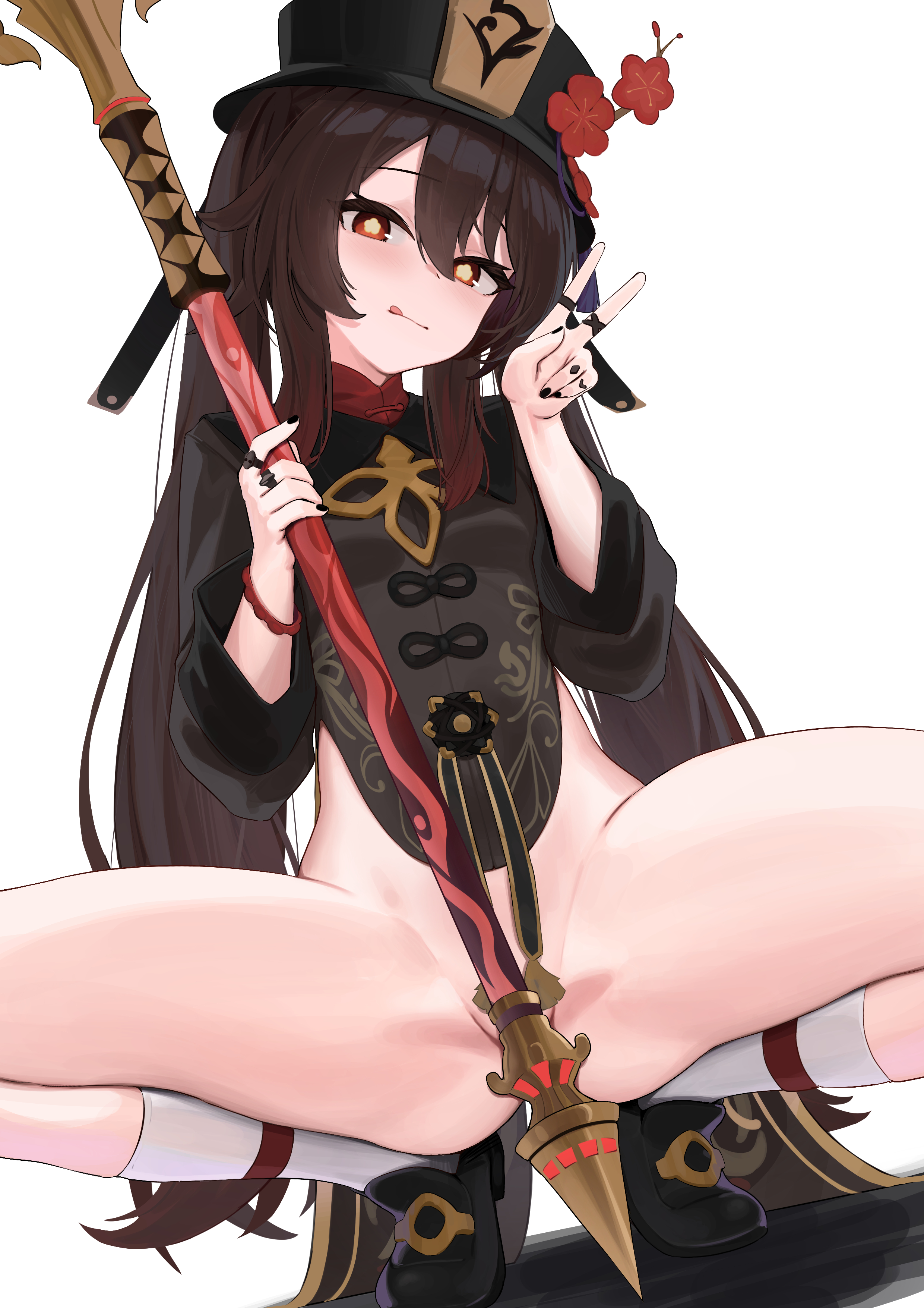 skai kun, hu tao (genshin impact), genshin impact, absurdres, highres, 1girl, :q, black nails, bottomless, breasts, brown hair, convenient censoring, flower, hat, hat flower, holding, holding polearm, holding weapon, jewelry, multiple rings, polearm, porkpie hat, red eyes, ring, simple background, small breasts, socks, solo, spread legs, symbol-shaped pupils, thighs, tongue, tongue out, twintails, v, weapon, white background, white socks, yellow pupils