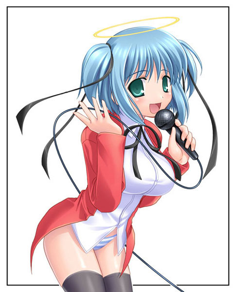 mitsukai dokuro, bokusatsu tenshi dokuro-chan, 00s, 1girl, black thighhighs, blue hair, blue panties, bottomless, breasts, female focus, green eyes, halo, holding, holding microphone, large breasts, leaning forward, microphone, music, no pants, panties, school uniform, serafuku, short hair, singing, solo, striped clothes, striped panties, thighhighs, traditional halo, underwear