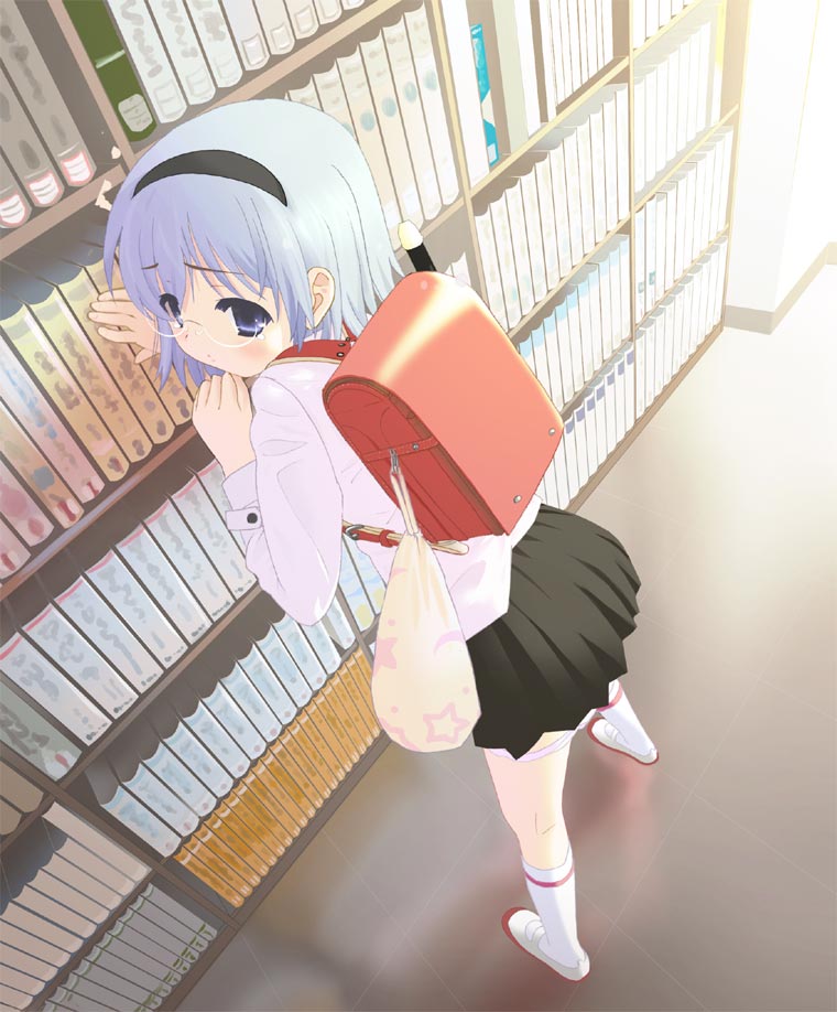 original, 1girl, backpack, bag, blue eyes, blue hair, book, bookshelf, female focus, flute, glasses, hairband, instrument, library, matching hair/eyes, panties, panty pull, pleated skirt, randoseru, recorder, school, school uniform, serafuku, skirt, solo, underwear, white panties