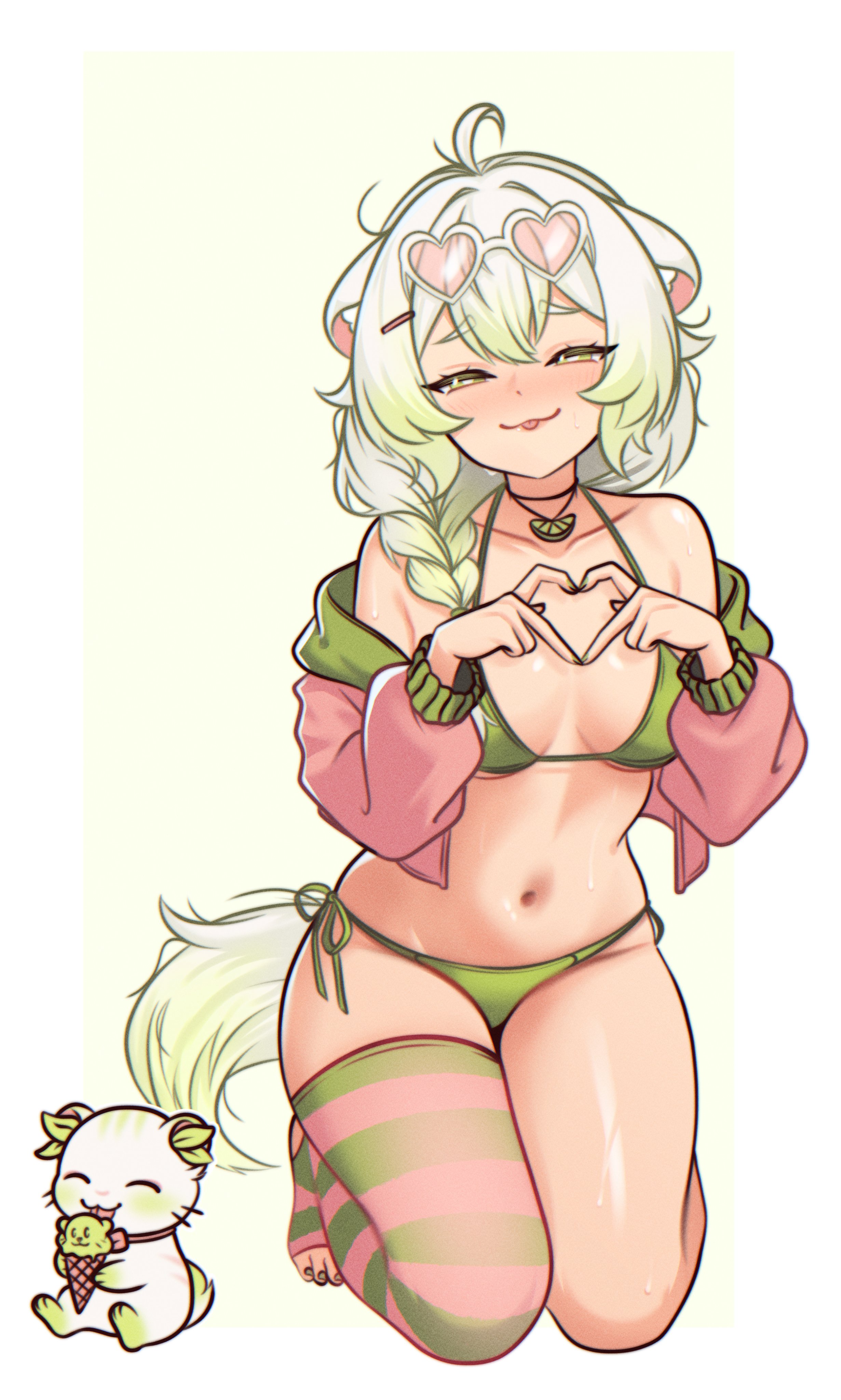 anb (anb draws), laimu (vtuber), vinesauce, absurdres, commentary, english commentary, highres, 1girl, :3, :p, ahoge, animal ear fluff, animal ears, bare shoulders, bikini, blush, braid, breasts, collarbone, cropped jacket, eyewear on head, ferret ears, ferret girl, ferret tail, food-themed necklace, four-finger heart hands, gradient hair, green background, green bikini, green eyes, green hair, green nails, hair ornament, hair over shoulder, hairclip, half-closed eyes, heart, heart-shaped eyewear, heart hands, ice cream cone, jacket, jewelry, kneeling, limon (laimu), long hair, long sleeves, looking at viewer, medium breasts, multicolored hair, nail polish, navel, off shoulder, open clothes, open jacket, pendant, pink-tinted eyewear, puffy long sleeves, puffy sleeves, side-tie bikini bottom, simple background, single bare leg, single braid, single thighhigh, smile, solo, stirrup legwear, stomach, string bikini, striped clothes, striped thighhighs, sunglasses, swimsuit, tail, thighhighs, tinted eyewear, toeless legwear, toenail polish, toenails, tongue, tongue out, virtual youtuber, white-framed eyewear, white background, white hair