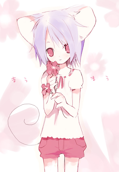 original, 1girl, animal ears, cat ears, cat tail, female focus, flower, mouse ears, purple hair, red eyes, short hair, shorts, solo, tail