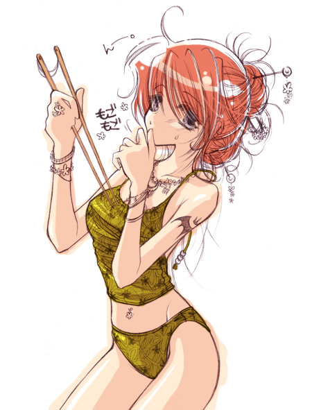 original, 1girl, bare shoulders, blue eyes, bracelet, camisole, chopsticks, ear piercing, earrings, female focus, hair bun, hair ornament, jewelry, midriff, navel, necklace, panties, piercing, red hair, simple background, single hair bun, solo, tattoo, underwear, white background, yellow panties