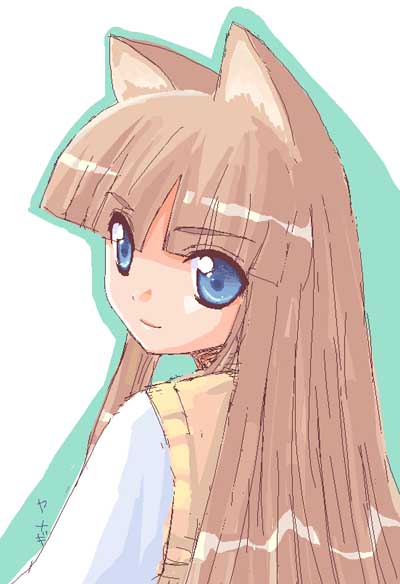 shinozuka arashi, gad guard, jpeg artifacts, 00s, 1girl, animal ears, blue eyes, brown hair, cat ears, female focus, long hair, looking back, simple background, smile, solo, upper body