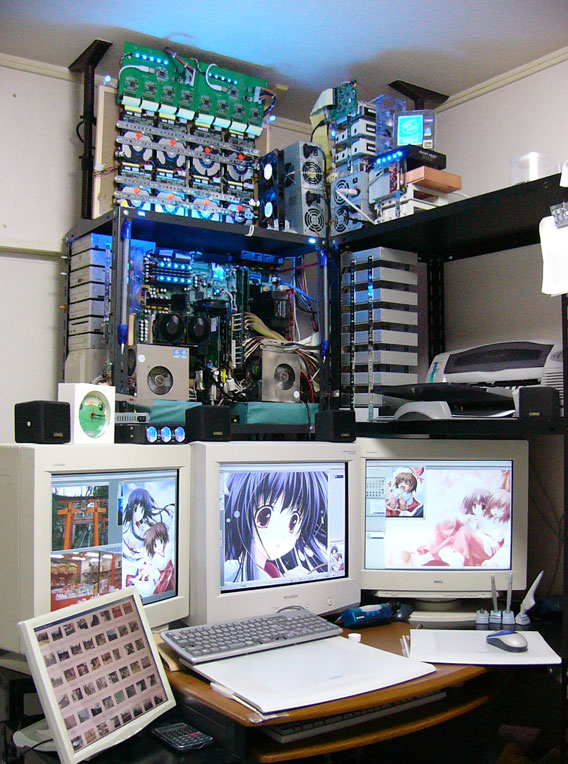 tenmu shinryuusai, real life, photo (medium), source request, art program in frame, computer, computer keyboard, desktop (computing), monitor, otaku room, rich otaku