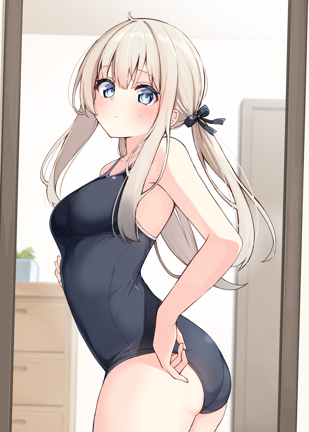 ominaeshi (takenoko), original, commentary request, highres, 1girl, ass, bare arms, bare shoulders, black bow, black one-piece swimsuit, blonde hair, blue eyes, blush, bow, breasts, closed mouth, from side, hair bow, hair ornament, long hair, looking at viewer, looking to the side, low twintails, medium breasts, mirror, one-piece swimsuit, reflection, sidelocks, solo, swimsuit, twintails, very long hair