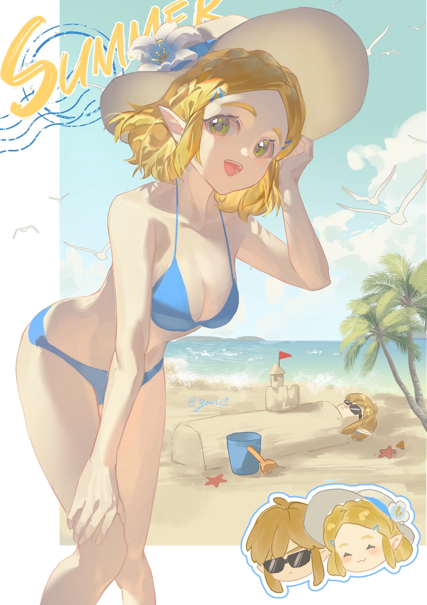 yun (dl2n5c7kbh8ihcx), link, princess zelda, nintendo, the legend of zelda, the legend of zelda: tears of the kingdom, commentary, highres, symbol-only commentary, 1boy, 1girl, alternate costume, beach, bikini, blonde hair, blue bikini, blue sky, breasts, bucket, buried in sculpted sand, chibi, chibi inset, cleavage, feet out of frame, green eyes, hat, leaning forward, looking at viewer, medium breasts, open mouth, pointy ears, sand castle, sand sculpture, short hair, sky, smile, solo focus, starfish, sun hat, sunglasses, swimsuit