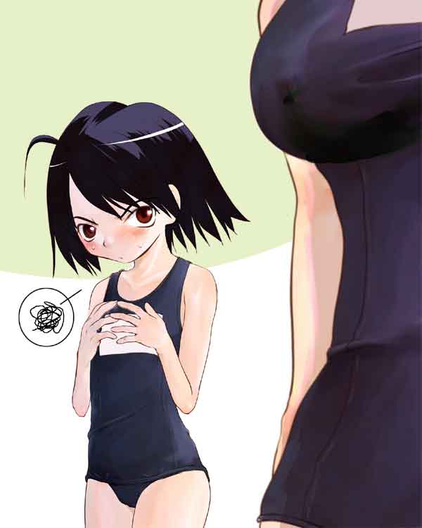 jpeg artifacts, 2girls, ahoge, angry, black hair, blush, breast envy, breasts, flat chest, grabbing another's breast, groping, large breasts, multiple girls, one-piece swimsuit, red eyes, school swimsuit, short hair, spoken squiggle, squiggle, standing, sweat, swimsuit