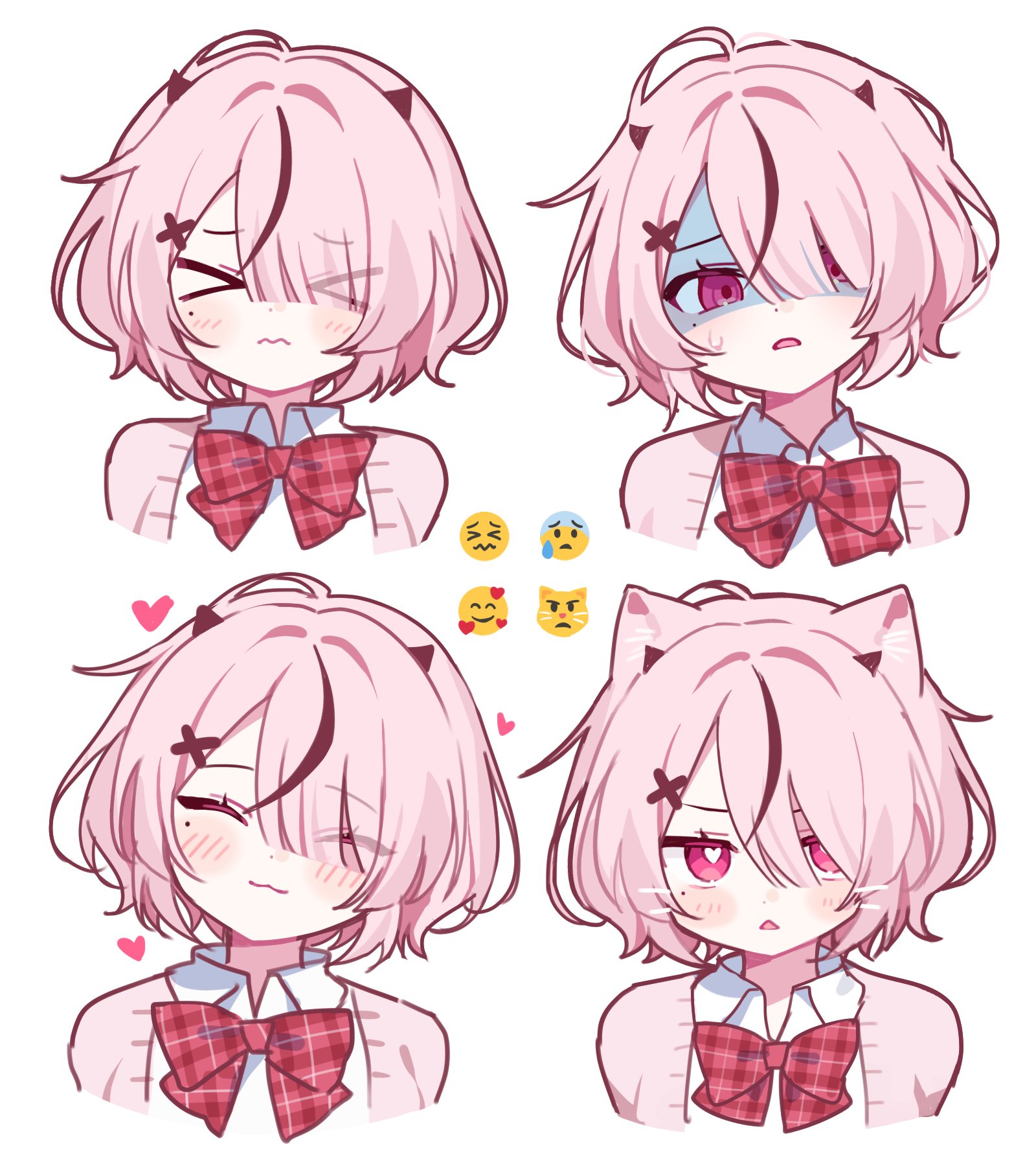 waka (wk4444), original, commentary, english commentary, highres, > <, 1girl, :3, ^ ^, animal ears, blush, bow, bowtie, brown hair, cardigan, cat ears, closed eyes, closed mouth, collared shirt, cropped torso, emoji, eyes visible through hair, facing viewer, hair between eyes, heart, heart-shaped pupils, kemonomimi mode, looking at viewer, multicolored hair, open cardigan, open clothes, open mouth, pink cardigan, pink eyes, pink hair, pink hair chan (waka), plaid bow, plaid bowtie, plaid clothes, red bow, red bowtie, shaded face, shirt, short hair, simple background, streaked hair, sweatdrop, symbol-shaped pupils, two-tone hair, wavy mouth, white background, white shirt