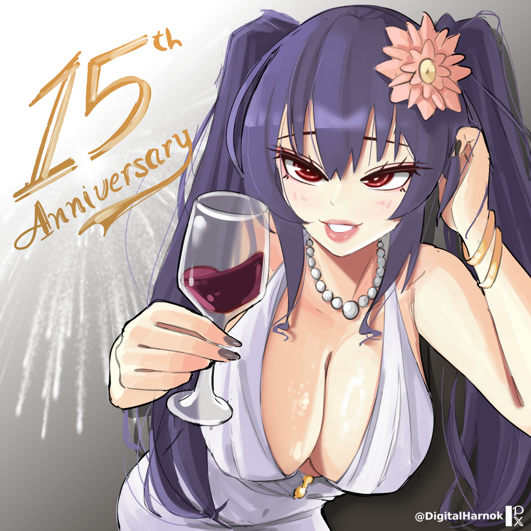 digitalharnok, noire (neptunia), choujigen game neptune, neptune (series), commentary request, highres, 1girl, adjusting hair, alternate costume, anniversary, arm up, bare shoulders, black hair, breasts, cleavage, collarbone, cup, dress, drinking glass, evening gown, flower, hair between eyes, hair flower, hair ornament, halter dress, halterneck, holding, holding cup, jewelry, large breasts, light blush, long hair, looking at viewer, necklace, open mouth, pearl necklace, pink lips, pixiv logo, red eyes, sleeveless, sleeveless dress, smile, solo, teeth, twintails, twitter username, twitter x logo, upper body, white dress
