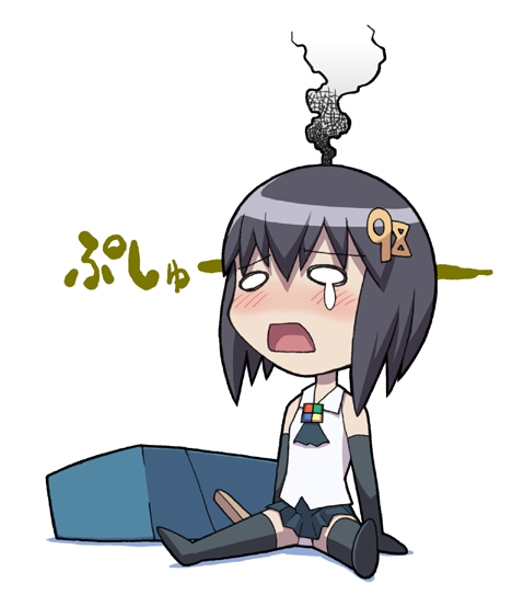 haganemaru kennosuke, 98-tan, os-tan, 1girl, black thighhighs, blouse, bob cut, chibi, chibi only, female focus, shirt, simple background, sitting, sleeveless, sleeveless shirt, smoke, solo, thighhighs, white background, white shirt