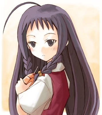 ayase yue, mahou sensei negima!, lowres, 00s, 1girl, ahoge, black eyes, blue hair, braid, female focus, from side, holding, juice box, long hair, purple eyes, purple hair, school uniform, solo, twin braids, upper body