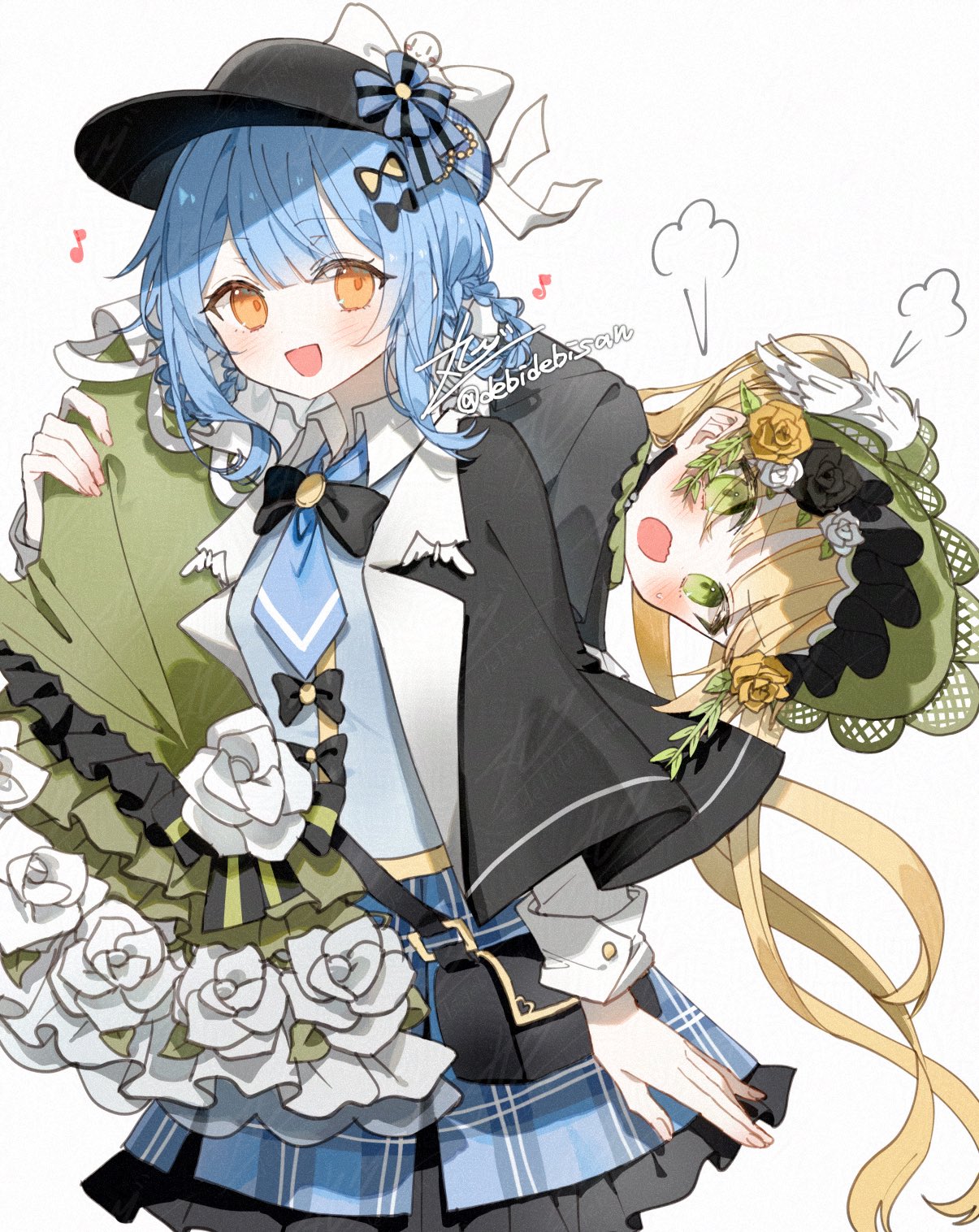 chibirisu, tachibana sherry, toono hanna, mahou shoujo no majo saiban, commentary, highres, 2girls, angry, bag, bird hat ornament, black bow, black bowtie, black capelet, black flower, black hat, black rose, blonde hair, blue dress, blue hair, blue necktie, bonnet, bow, bowtie, braid, braided hair rings, capelet, carrying, carrying over shoulder, carrying person, detective, dress, flower, frilled dress, frills, green dress, green eyes, hair rings, hat, hat bow, head steam, lolita fashion, long hair, looking at another, looking at viewer, magical girl, messenger bag, multiple girls, musical note, necktie, newsboy cap, open mouth, orange eyes, rose, short hair, shoulder bag, signature, simple background, smile, too many, too many frills, twintails, very long hair, white background, white bow, white flower, white rose, yellow flower, yellow rose
