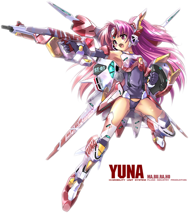 komatsu eiji, miyama yuuna, maburaho, 1girl, elbow gloves, female focus, gloves, long hair, mecha musume, open mouth, parody, pink eyes, pink hair, robot ears, solo, weapon