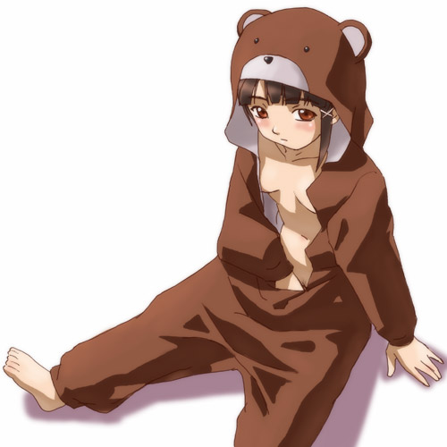 haruyama kazunori, iwakura lain, serial experiments lain, lowres, 1girl, animal costume, barefoot, bear, bear costume, blush, breasts, brown eyes, brown hair, closed mouth, cosplay, costume, feet, female focus, female masturbation, fingering, hair ornament, hairclip, hood, kigurumi, loli, masturbation, naked costume, navel, no bra, no panties, open clothes, open shirt, pajamas, pussy, shirt, short hair, small breasts, solo