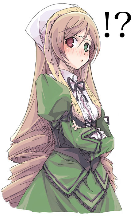 kyo (kuroichigo), suiseiseki, rozen maiden, !?, 00s, 1girl, blush, brown hair, crossed arms, drill hair, female focus, green eyes, headscarf, heterochromia, long hair, red eyes, solo, white headscarf