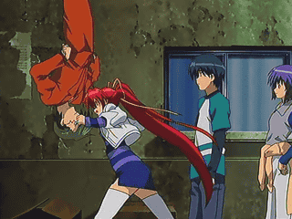 haga reiko, kuhonbutsu taishi, sendo kazuki, sendou kazuki, takase mizuki, comic party, animated, animated gif, anime screenshot, lowres, 00s, 2boys, 2girls, artistic error, long sleeves, multiple boys, multiple girls, punching, punching bag, qvga, red hair, thighhighs, upside-down