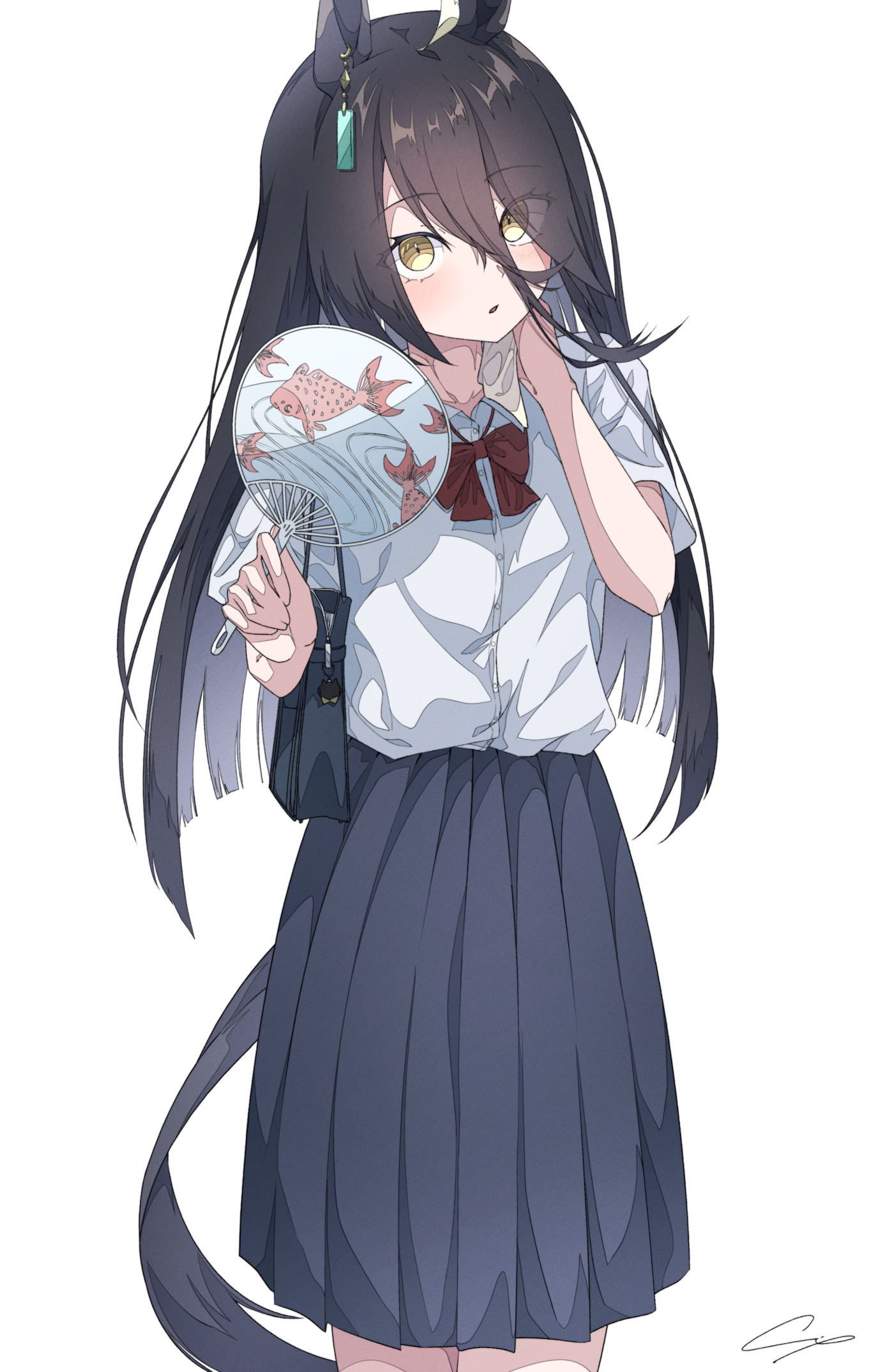 ci4, manhattan cafe (umamusume), umamusume, highres, 1girl, animal ears, bag, black bag, black hair, black skirt, blunt ends, bow, eyes visible through hair, hair between eyes, hair over one eye, hand fan, holding, holding bag, holding fan, horse ears, horse girl, horse tail, open mouth, pleated skirt, red bow, shirt, short sleeves, skirt, solo, tail, white shirt, yellow eyes