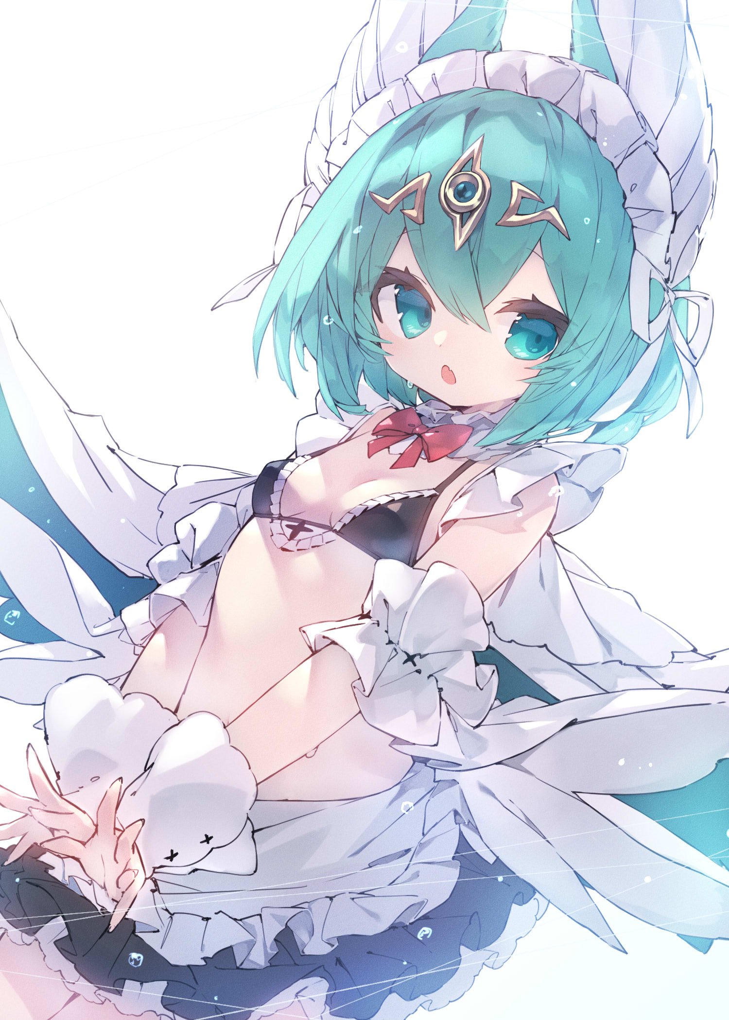 koriku tou, original, highres, 1girl, apron, bare shoulders, bikini, black bikini, black skirt, bow, bowtie, breasts, cowboy shot, double-parted bangs, fang, frilled apron, frills, green eyes, green hair, hair between eyes, looking at viewer, maid, maid bikini, maid headdress, navel, open mouth, red bow, red bowtie, short hair, simple background, skin fang, skirt, small breasts, solo, sweat, swimsuit, unconventional maid, white apron, white background, wrist cuffs